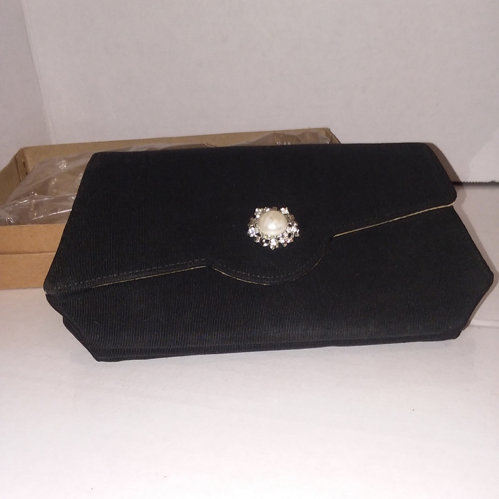 Brite Mode Vintage Black Clutch with Faux Pearl and Crystals 1960s